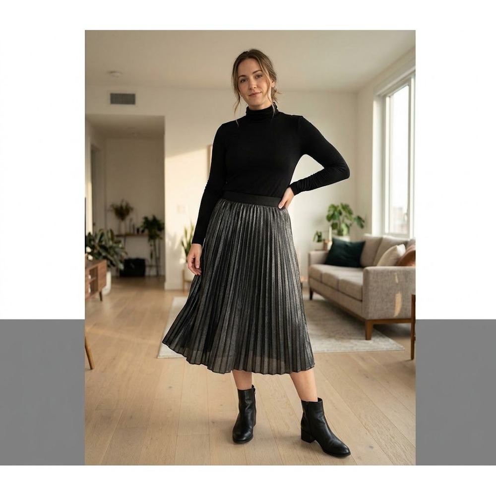 Old Navy Black Metallic Pleated Midi Skirt Elastic Waist Pull On L Holiday Party